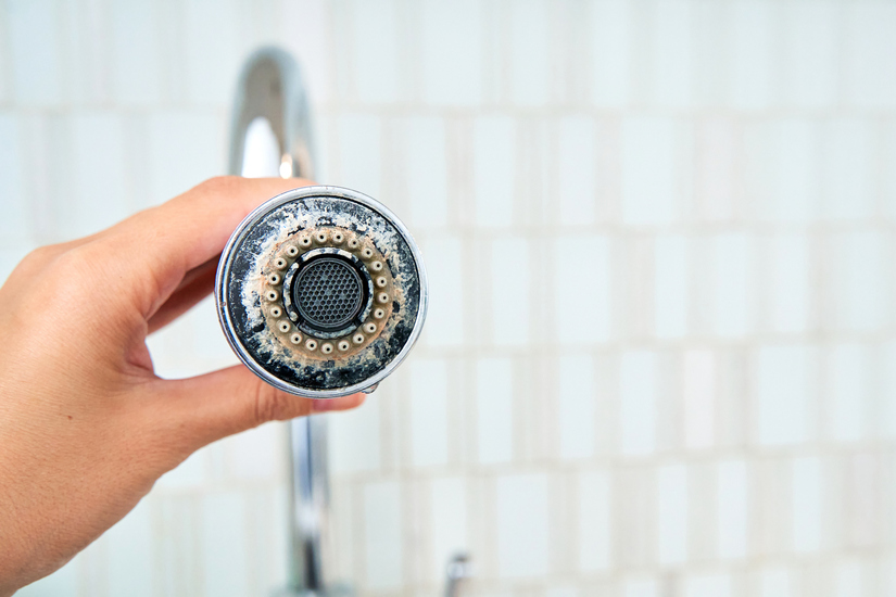 A woman is holding a chrome faucet covered with lime scale