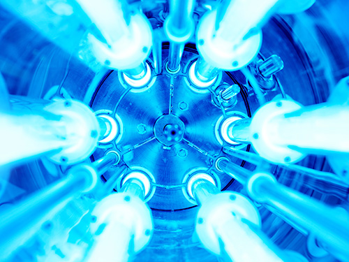 Closeup of UV lights in a water treatment system.